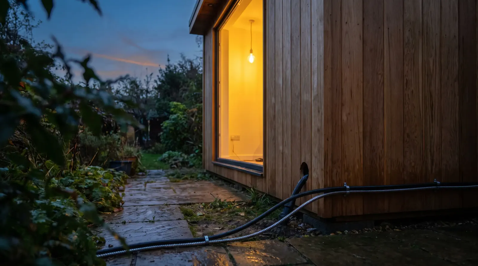 A garden office lit at dusk with armoured cable run to it — garden office power supply in Brentwood