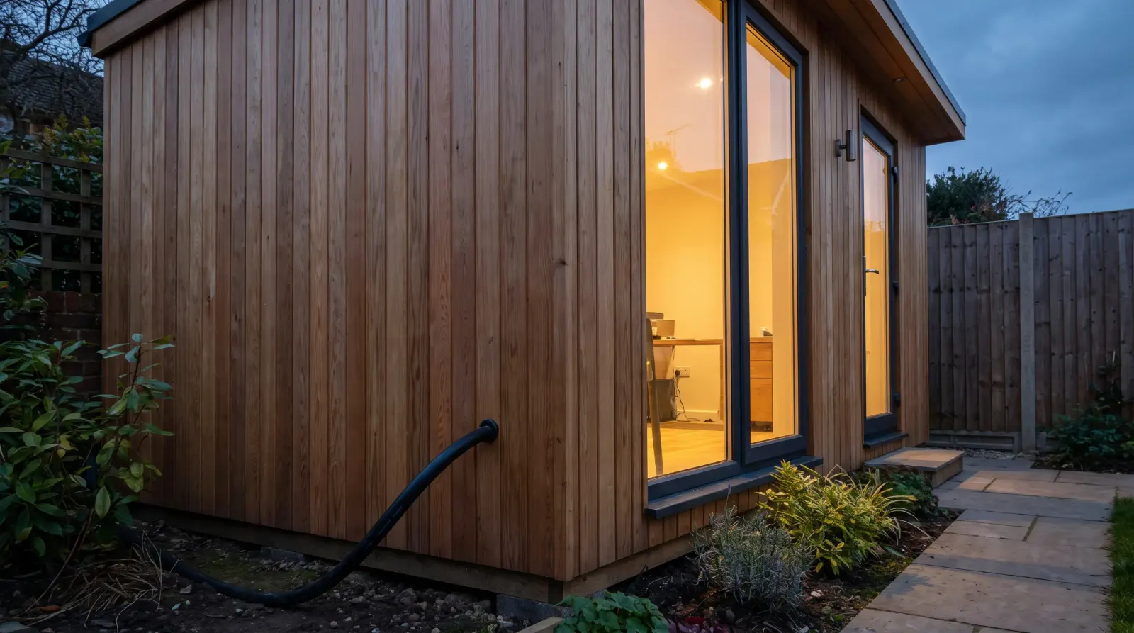 A garden office lit at dusk with armoured cable run to it — the kind of garden office power supply an electrician in Buckhurst Hill is called out for