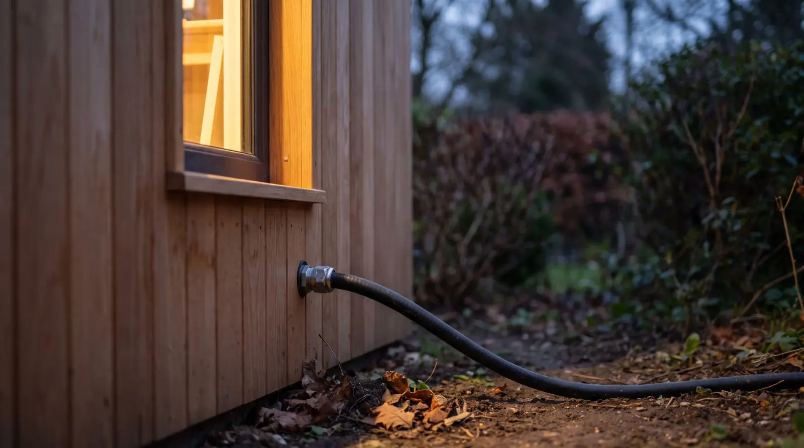 A garden office lit at dusk with armoured cable run to it — the kind of garden office power supply an electrician in Chigwell is called out for