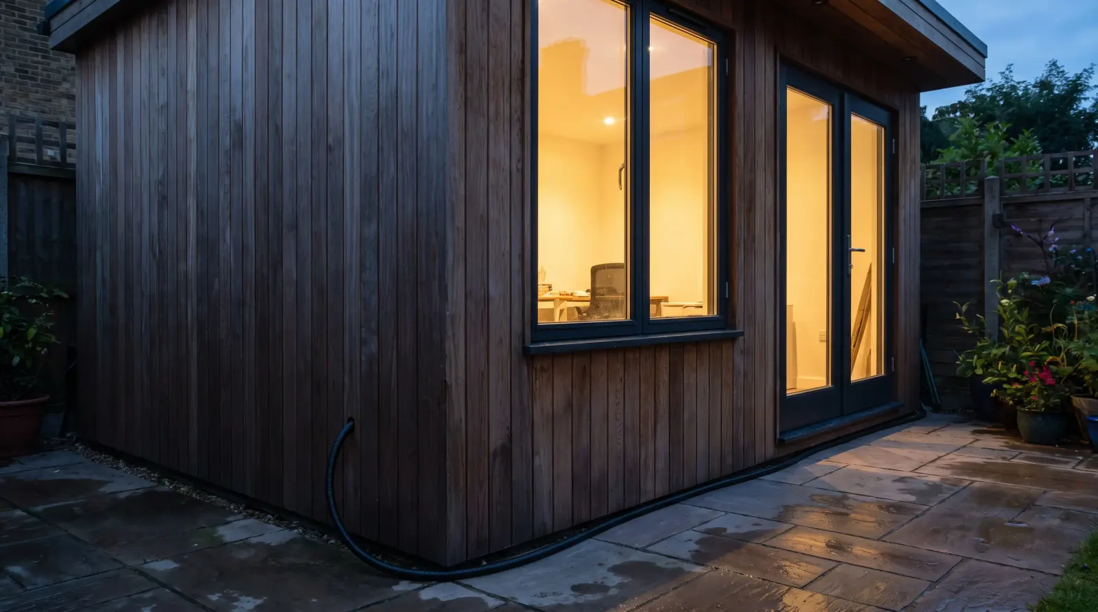 A garden office lit at dusk with armoured cable run to it — the kind of garden office power supply an electrician in Ingatestone is called out for
