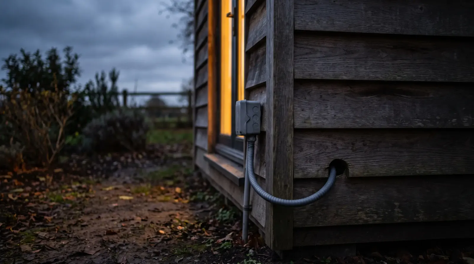 A garden office lit at dusk with armoured cable run to it — the kind of garden office power supply an electrician in Ongar is called out for