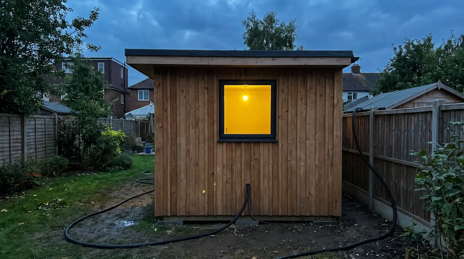 A garden office lit at dusk with armoured cable run to it — garden office power supply in Rainham