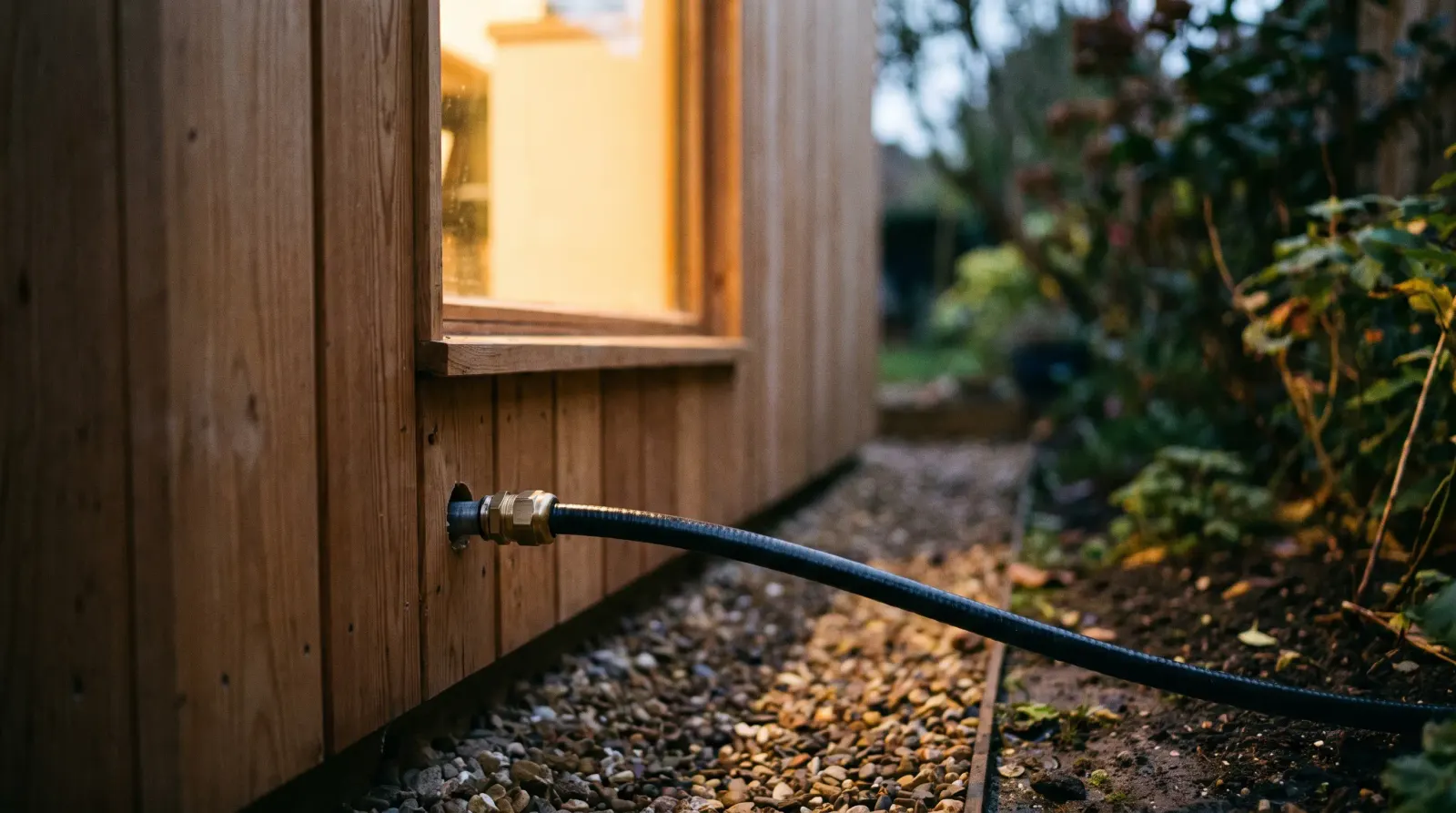 A garden office lit at dusk with armoured cable run to it — the kind of garden office power supply an electrician in Swanley is called out for