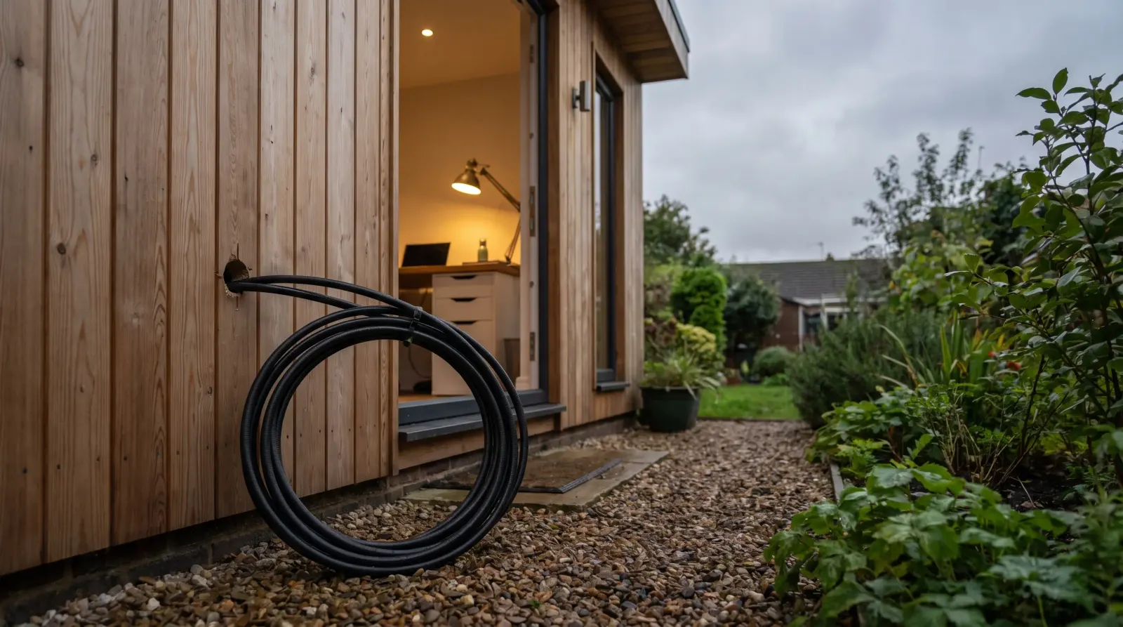 A garden office lit at dusk with armoured cable run to it — the kind of garden office power supply an electrician in Wickford is called out for