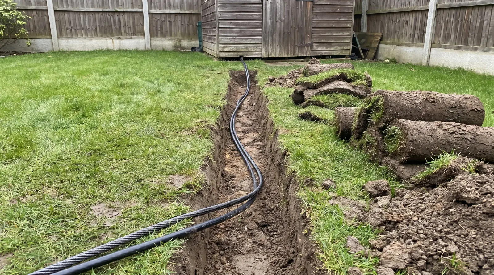 Armoured cable laid in a trench across a lawn to a garden office — garden office power supply in Barnet