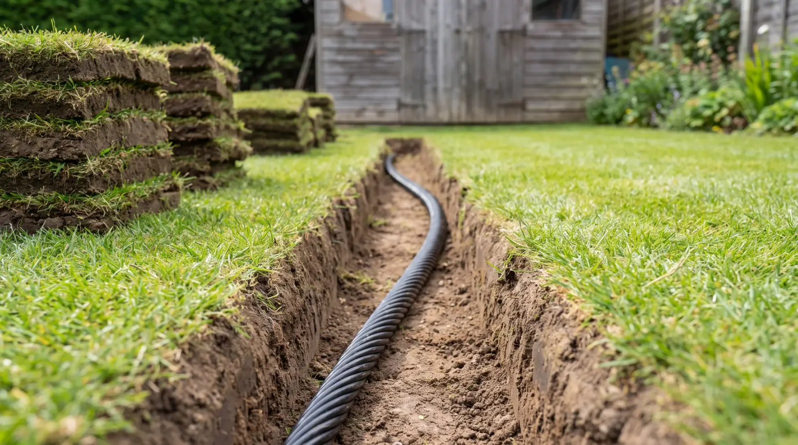 Armoured cable laid in a trench across a lawn to a garden office — garden office power supply in Loughton