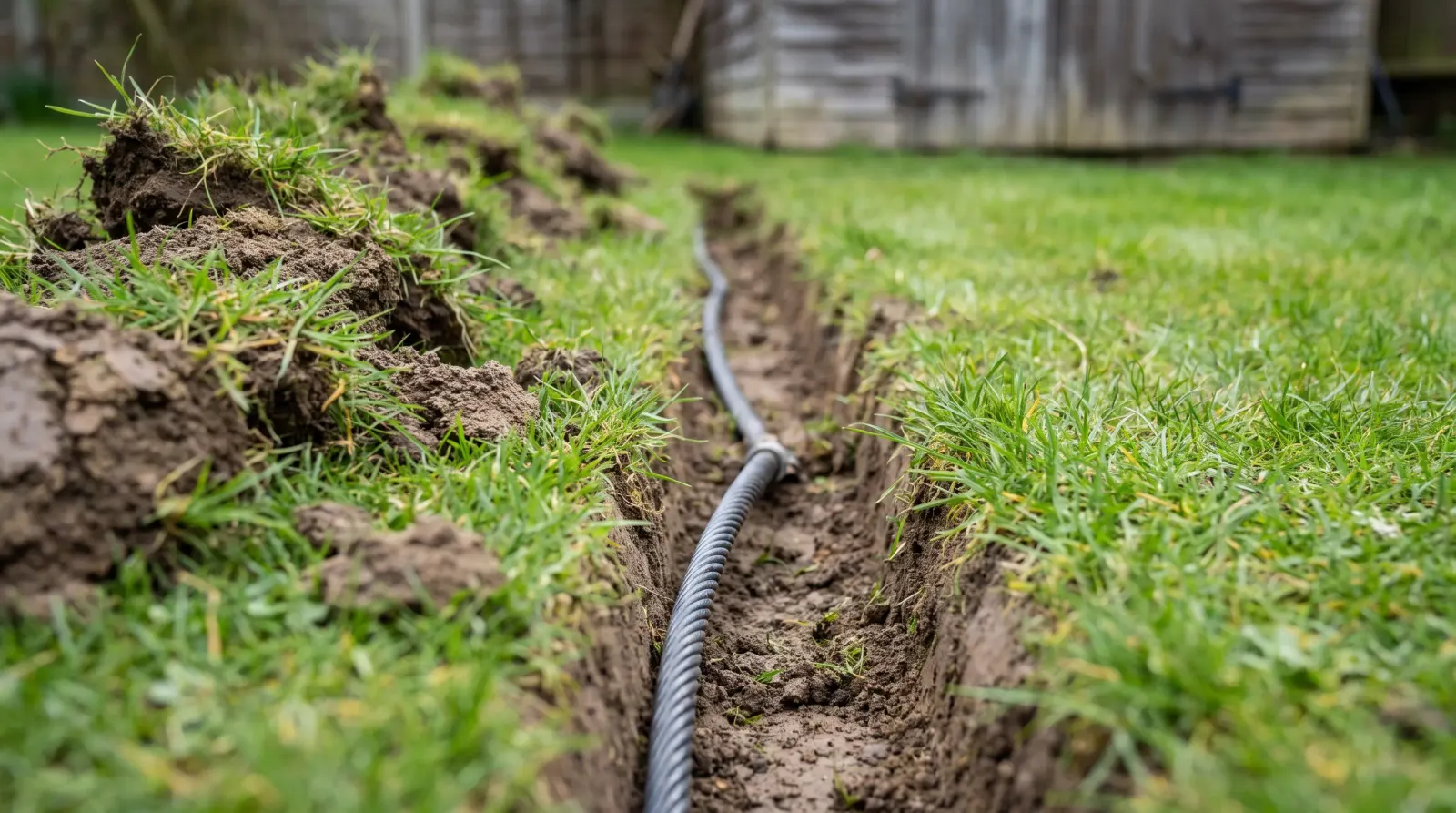 Armoured cable laid in a trench across a lawn to a garden office — garden office power supply in Orpington