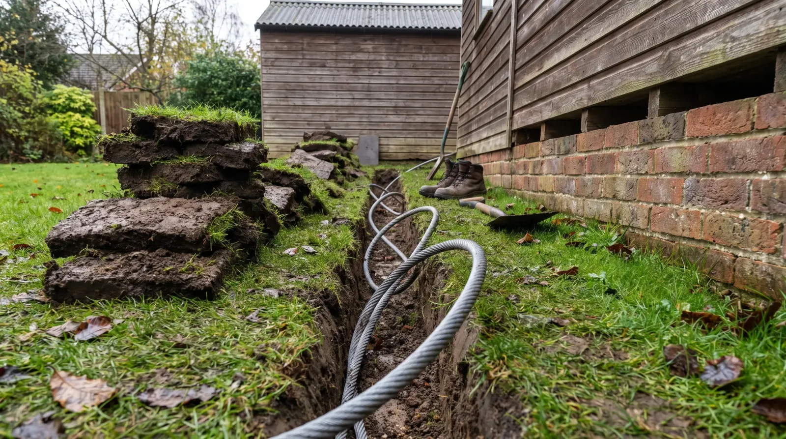 Armoured cable laid in a trench across a lawn to a garden office — the kind of garden office power supply an electrician in Upminster is called out for