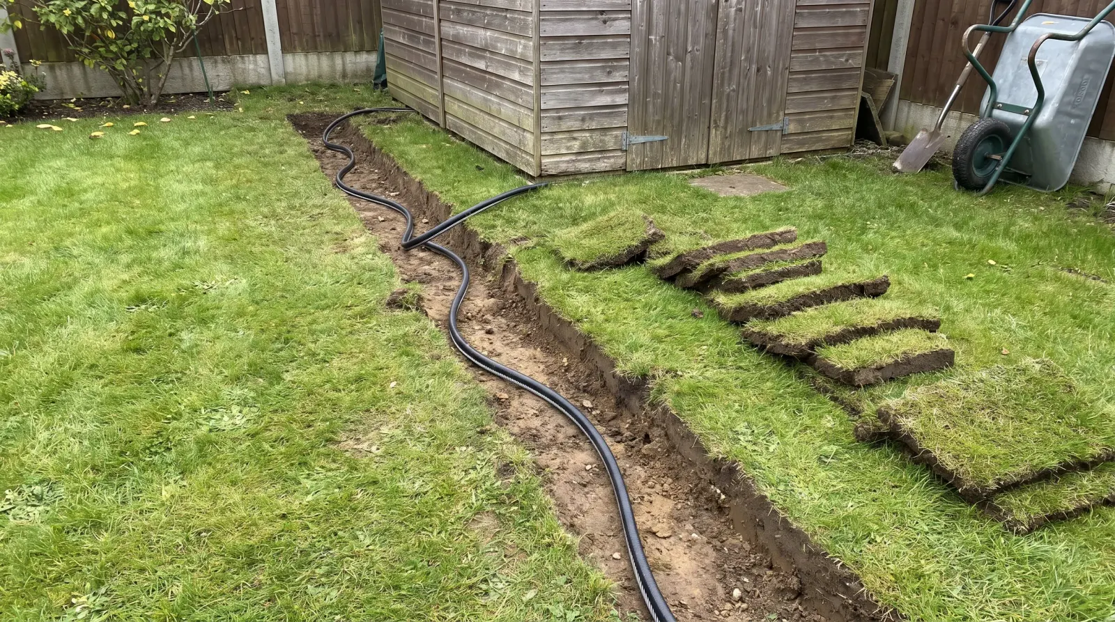 Armoured cable laid in a trench across a lawn to a garden office — garden office power supply in Waltham Abbey