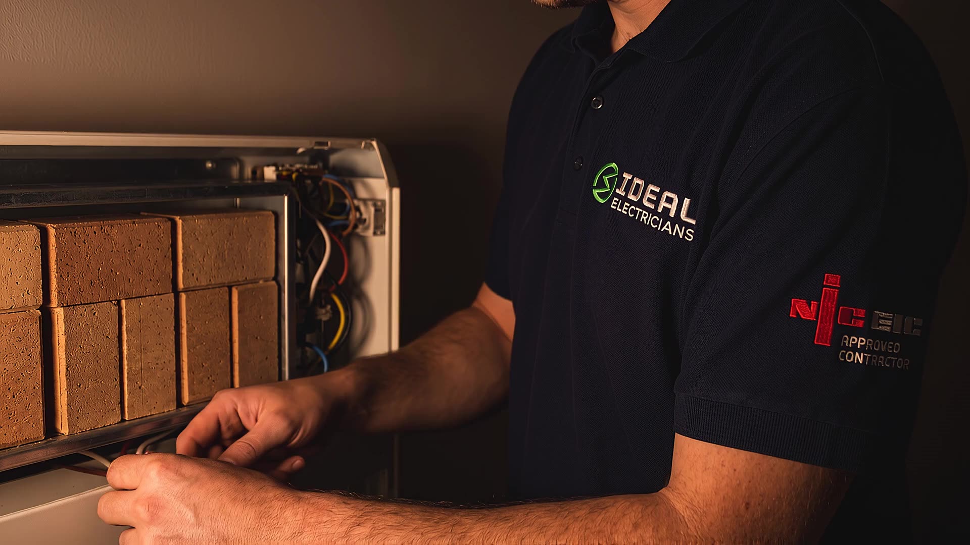 The open control end of a storage heater showing the thermostat and element wiring