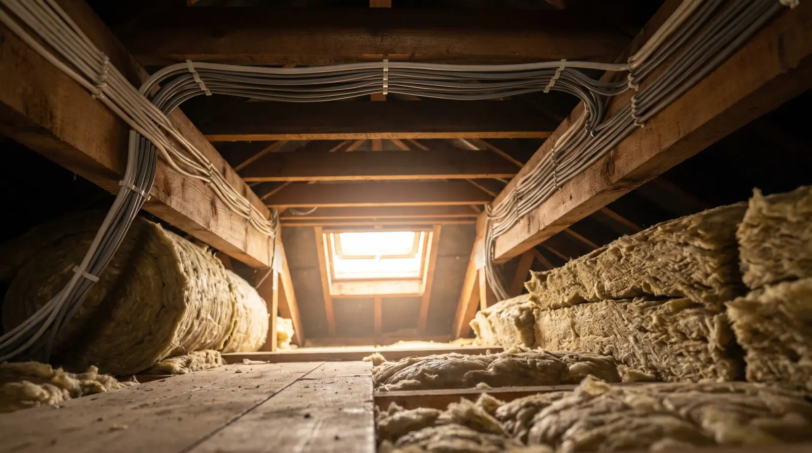 Cable runs over the ceiling joists in a bungalow loft — the kind of house rewire an electrician in Canvey Island is called out for