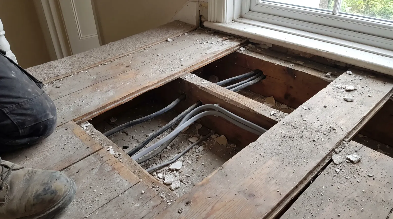 Old rubber-sheathed and newer cable running together under lifted floorboards — the kind of house rewire an electrician in Chingford is called out for