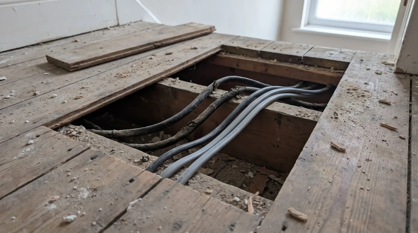 Old rubber-sheathed and newer cable running together under lifted floorboards — the kind of house rewire an electrician in Elm Park is called out for