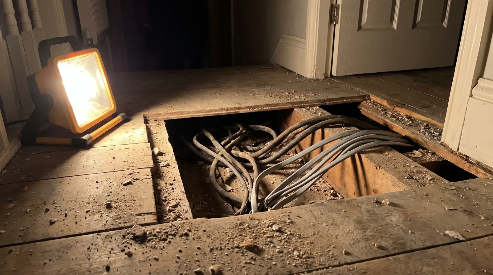 Old rubber-sheathed and newer cable running together under lifted floorboards — house rewire in Enfield
