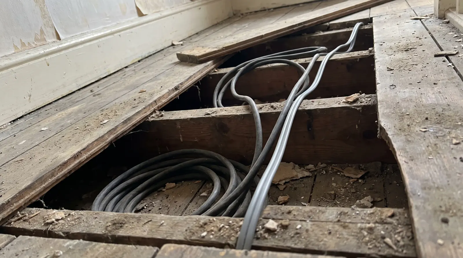 Old rubber-sheathed and newer cable running together under lifted floorboards — house rewire in Hither Green