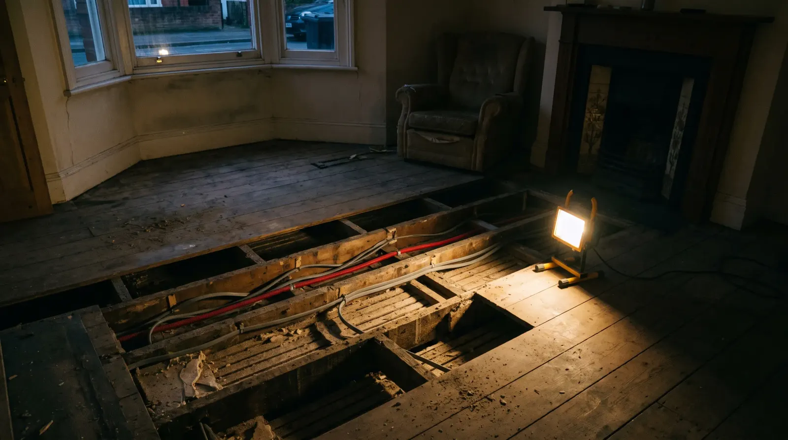 Cable runs notched through joists under lifted floorboards — house rewire in Blackheath