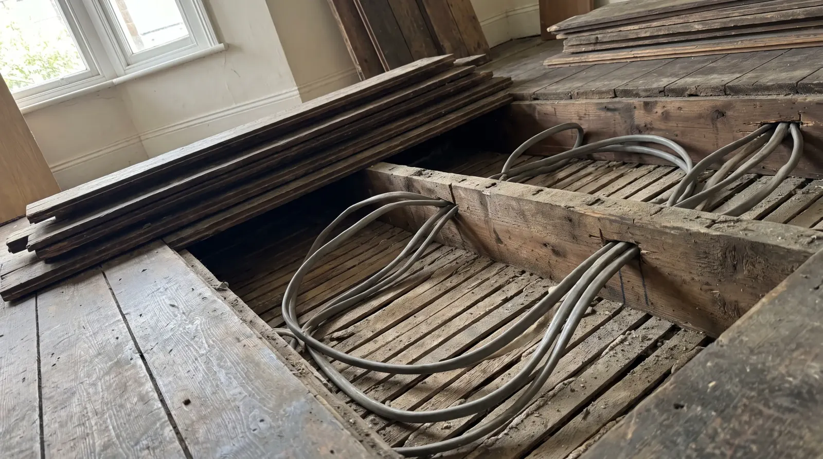 Cable runs notched through joists under lifted floorboards — house rewire in Kentish Town