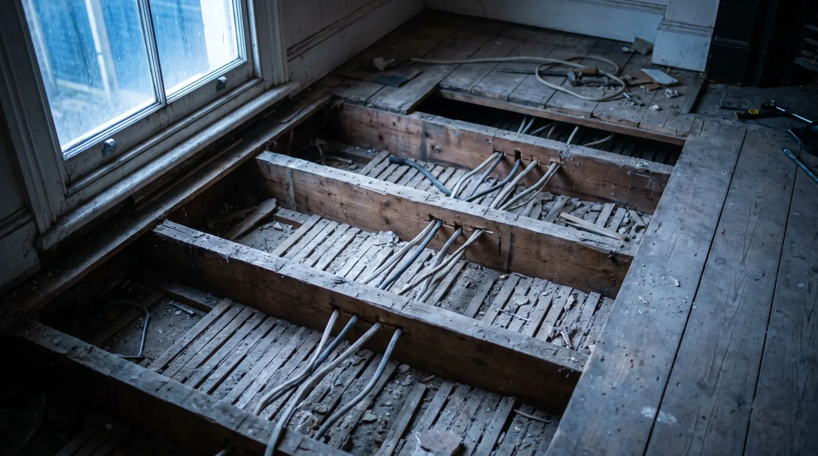 Cable runs notched through joists under lifted floorboards — the kind of house rewire an electrician in Leytonstone is called out for