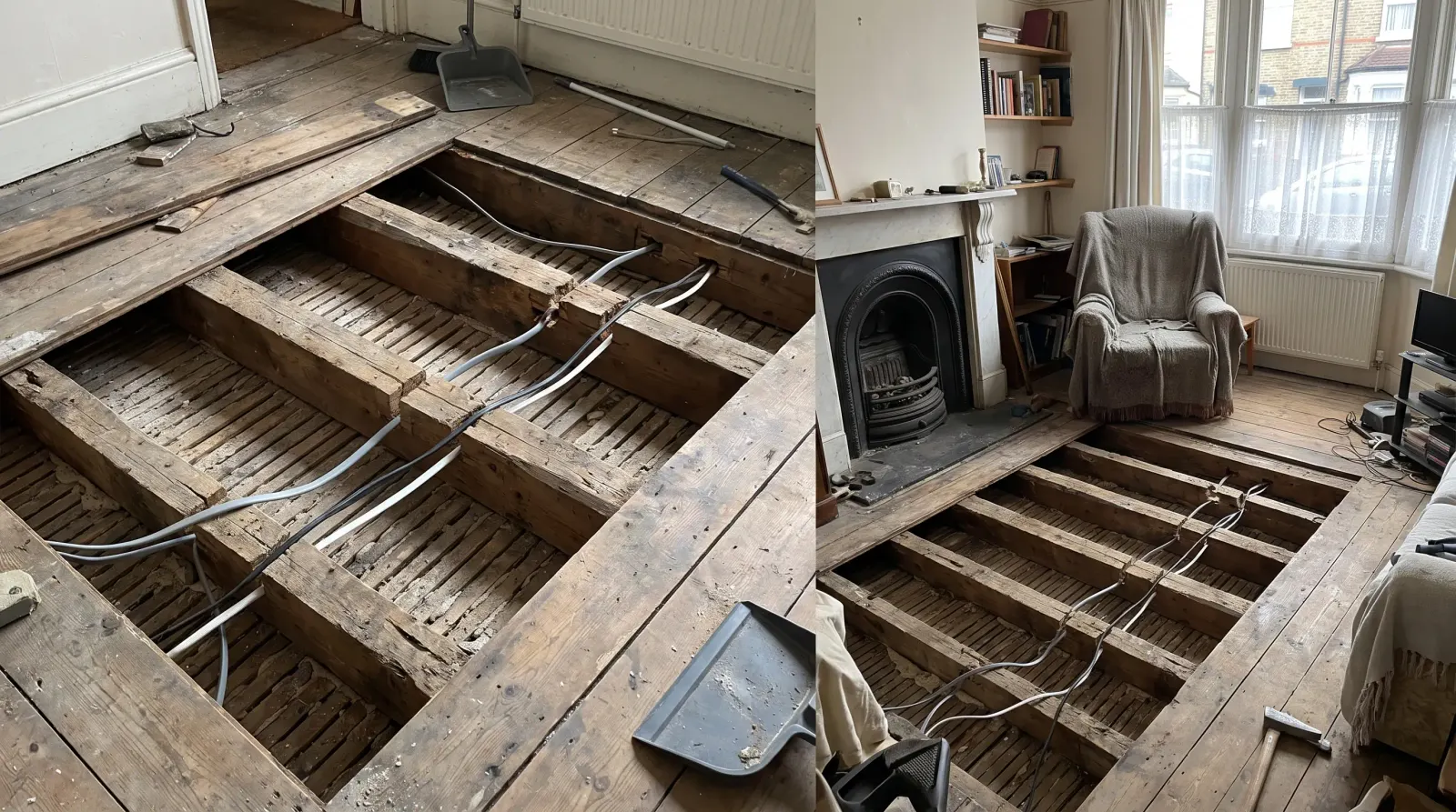 Cable runs notched through joists under lifted floorboards — the kind of house rewire an electrician in Newham is called out for