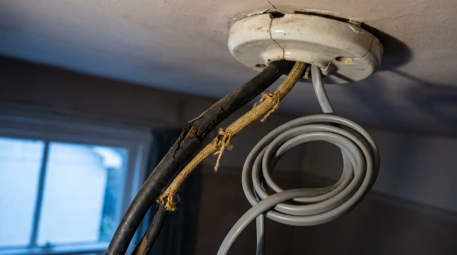 Perished rubber-sheathed cable exposed at a ceiling rose — the kind of house rewire an electrician in Crouch End is called out for