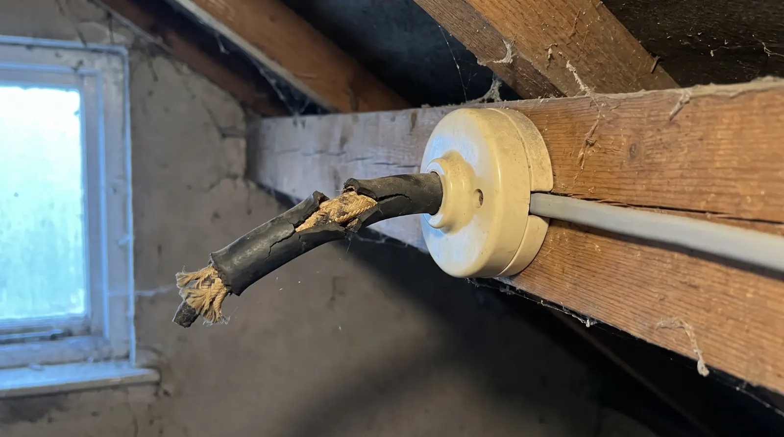 Perished rubber-sheathed cable exposed at a ceiling rose — the kind of house rewire an electrician in East Ham is called out for