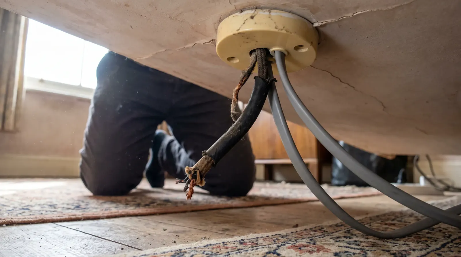 Perished rubber-sheathed cable exposed at a ceiling rose — house rewire in Mile End