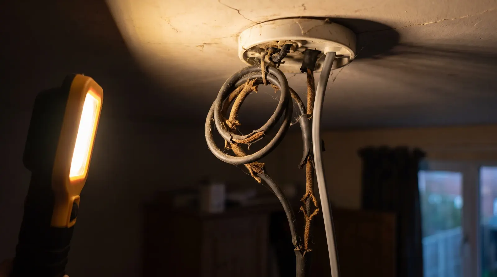 Perished rubber-sheathed cable exposed at a ceiling rose — the kind of house rewire an electrician in South Woodford is called out for