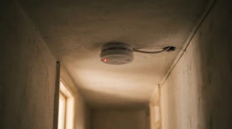 A mains-powered smoke alarm on a flat hallway ceiling