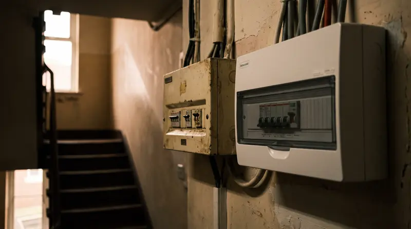 Two consumer units of different ages side by side on a landing