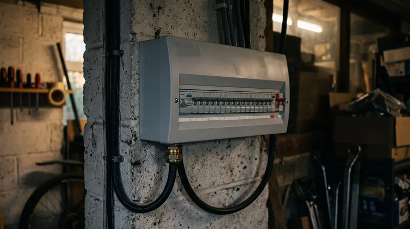 A modern consumer unit on a garage wall with armoured cable entering below