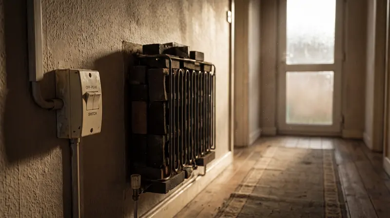 A storage heater with its front panel off beside an off-peak switch