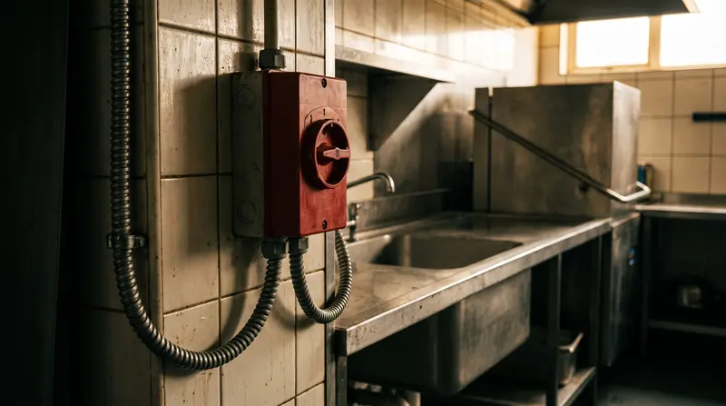 A three-phase isolator beside stainless steel catering equipment