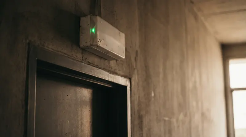 An emergency lighting bulkhead above a fire exit door