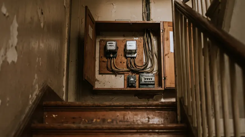 An open meter cupboard serving a shop and the flat above it