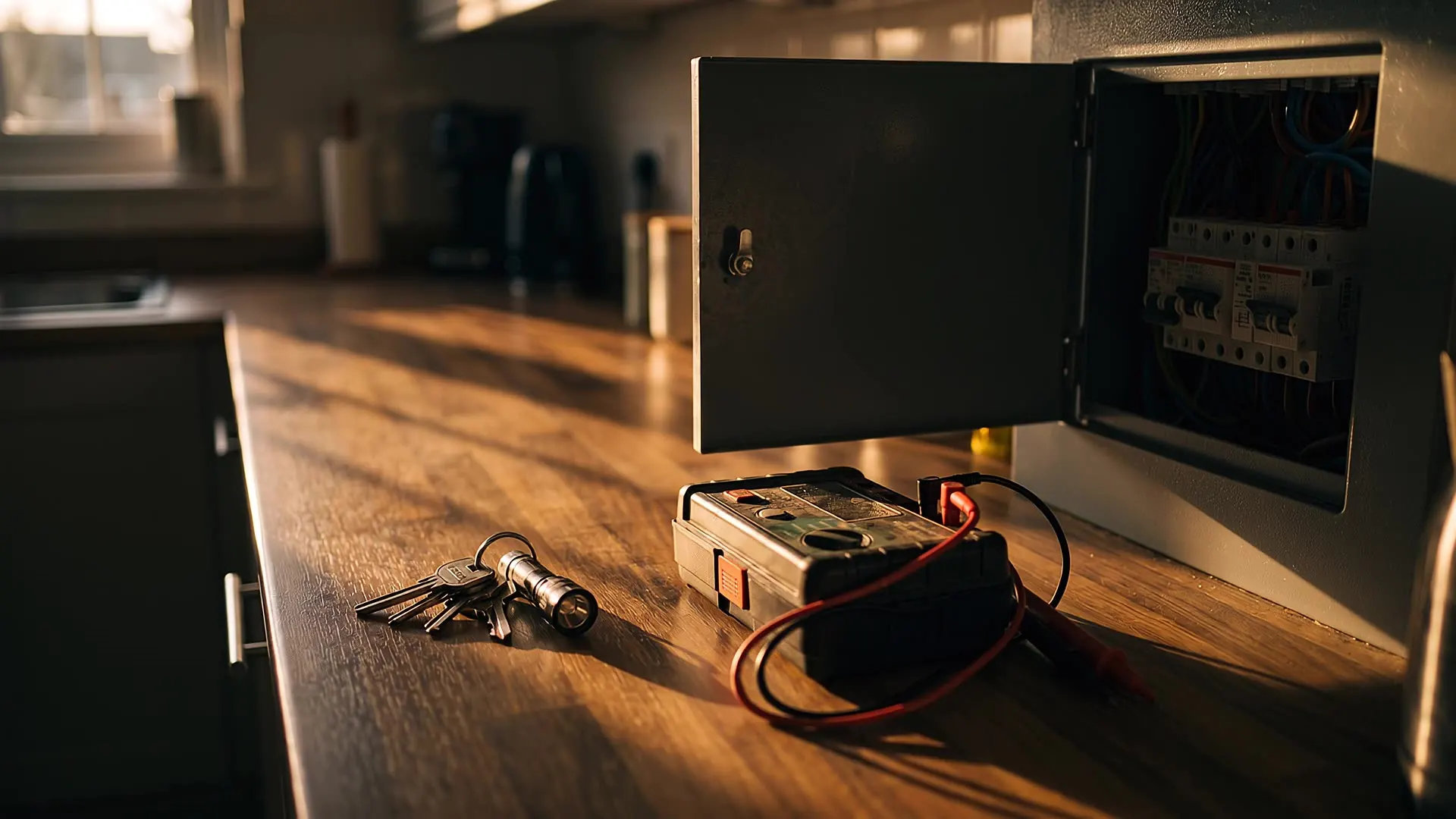 A set of keys and a test instrument on a worktop beside an open consumer unit