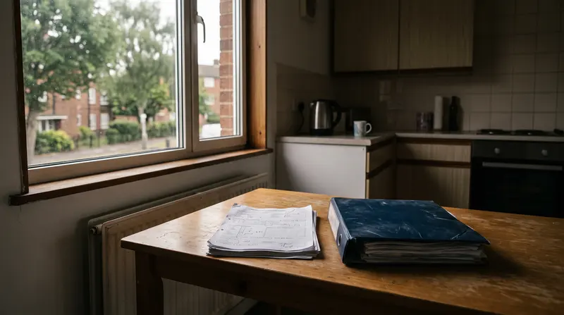 A condition report and a landlord folder on a plain kitchen table — landlord certificates in Pitsea