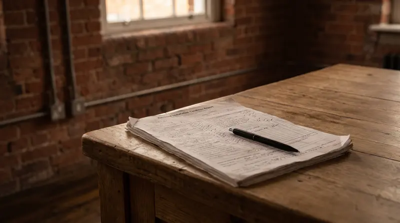 A completed condition report on a kitchen island in a warehouse flat — landlord certificates in Woolwich