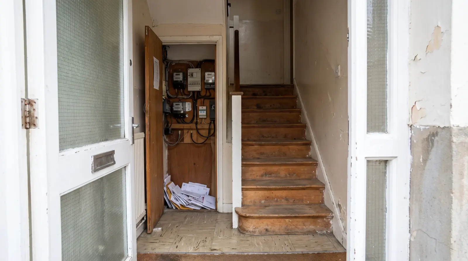 A stairwell to flats above a shop with the meter cupboard open — landlord electrics in Dartford