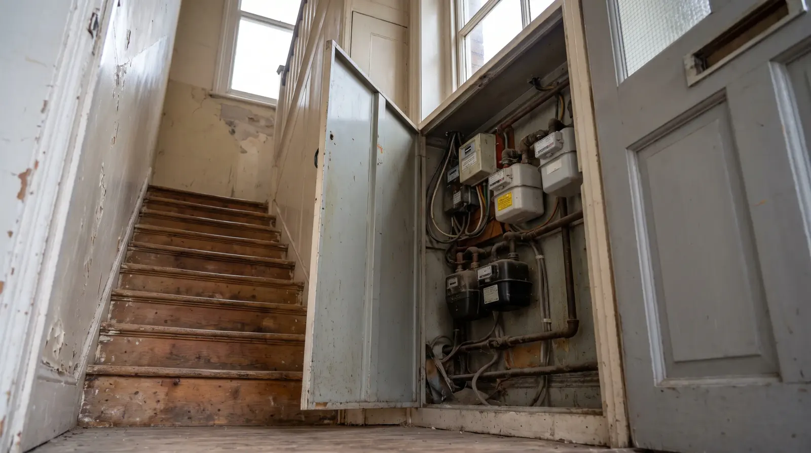 A stairwell to flats above a shop with the meter cupboard open — landlord electrics in Gravesend