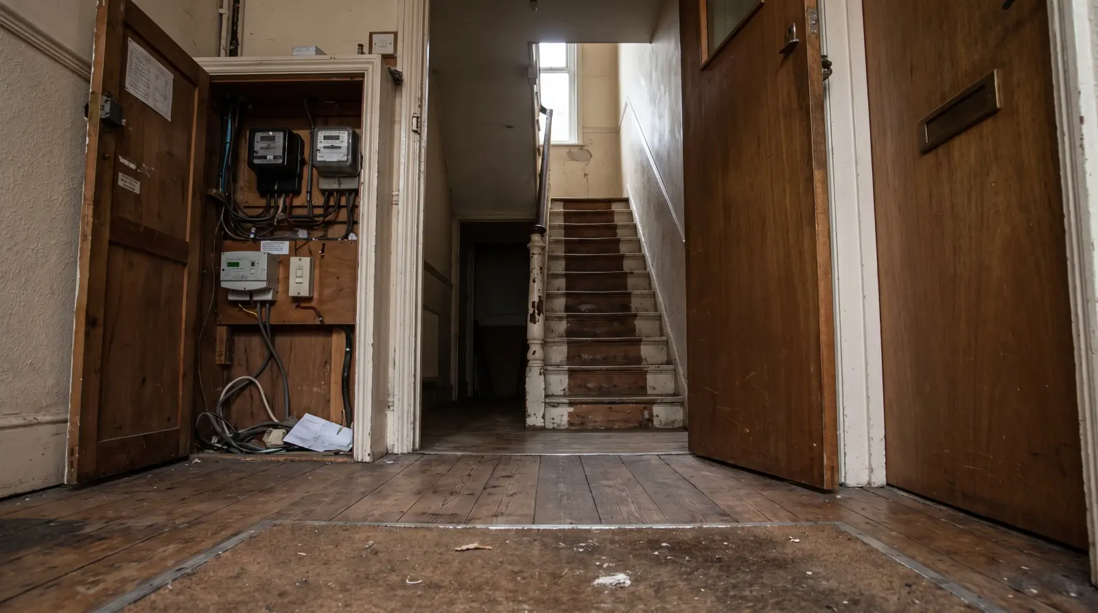 A stairwell to flats above a shop with the meter cupboard open — the kind of landlord electrics an electrician in Grays is called out for