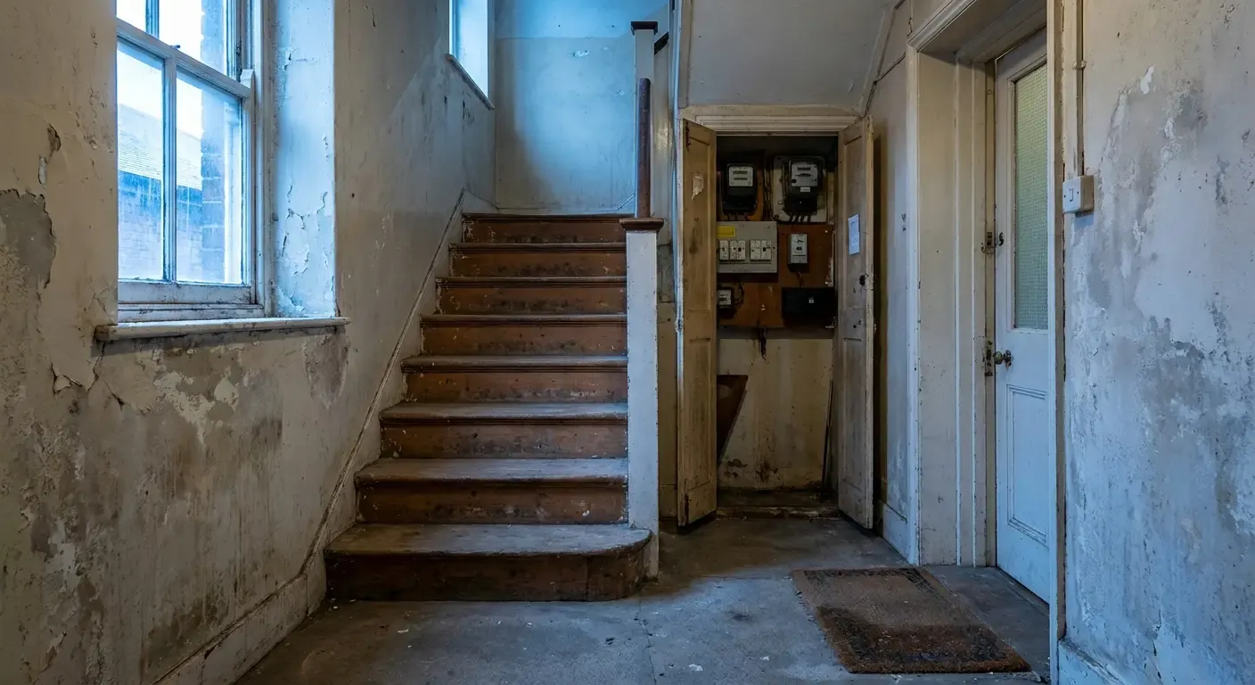 A stairwell to flats above a shop with the meter cupboard open — the kind of landlord electrics an electrician in Lewisham is called out for