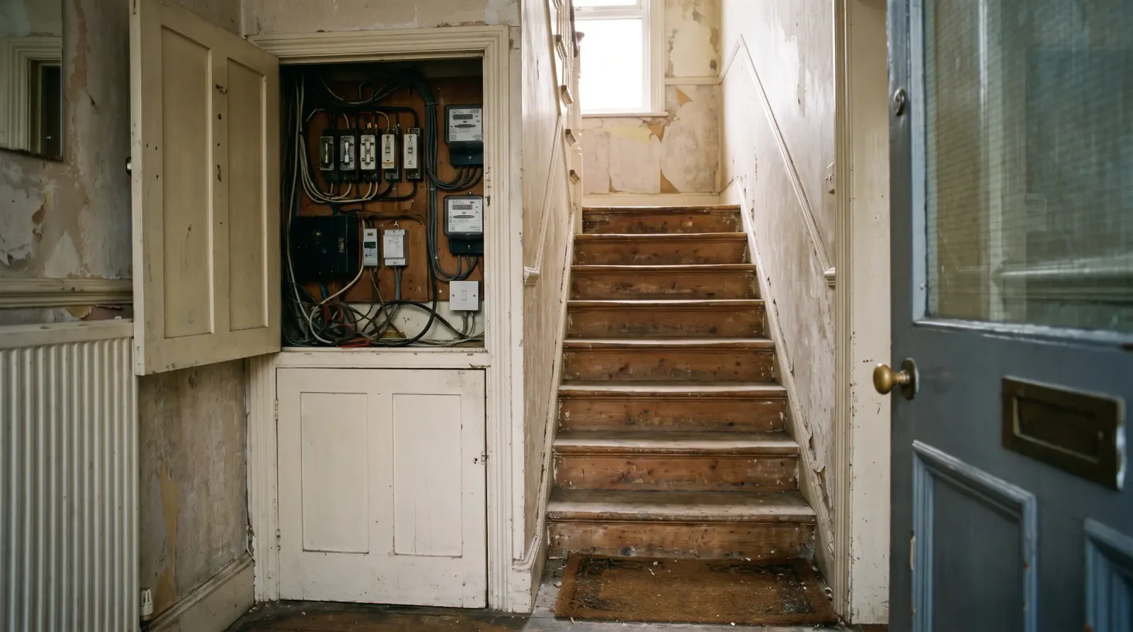 A stairwell to flats above a shop with the meter cupboard open — the kind of landlord electrics an electrician in Romford is called out for