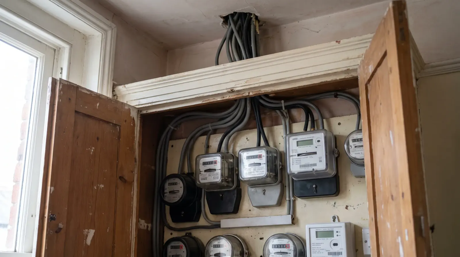 Separate meters for each flat in a converted house — the kind of landlord electrics an electrician in Wood Green is called out for