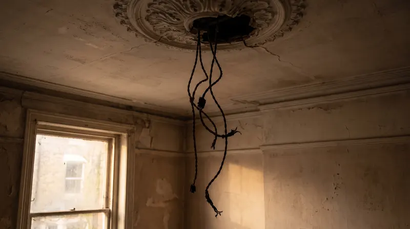 An opened ceiling rose showing old lighting cable with no earth — lighting circuits in Wanstead