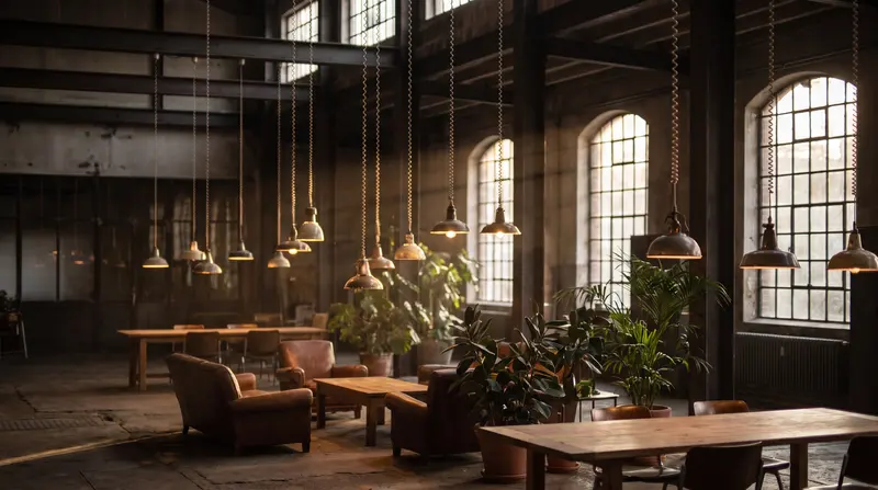 Industrial pendant lights on long drops from steel beams — lighting in Woolwich