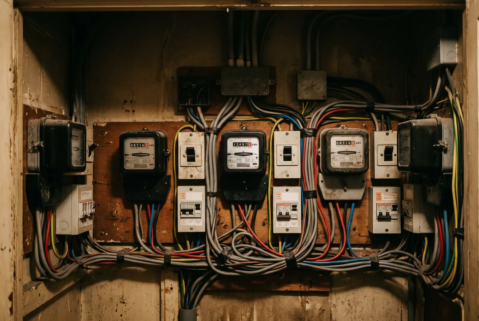 A cupboard of separate meters serving different flats