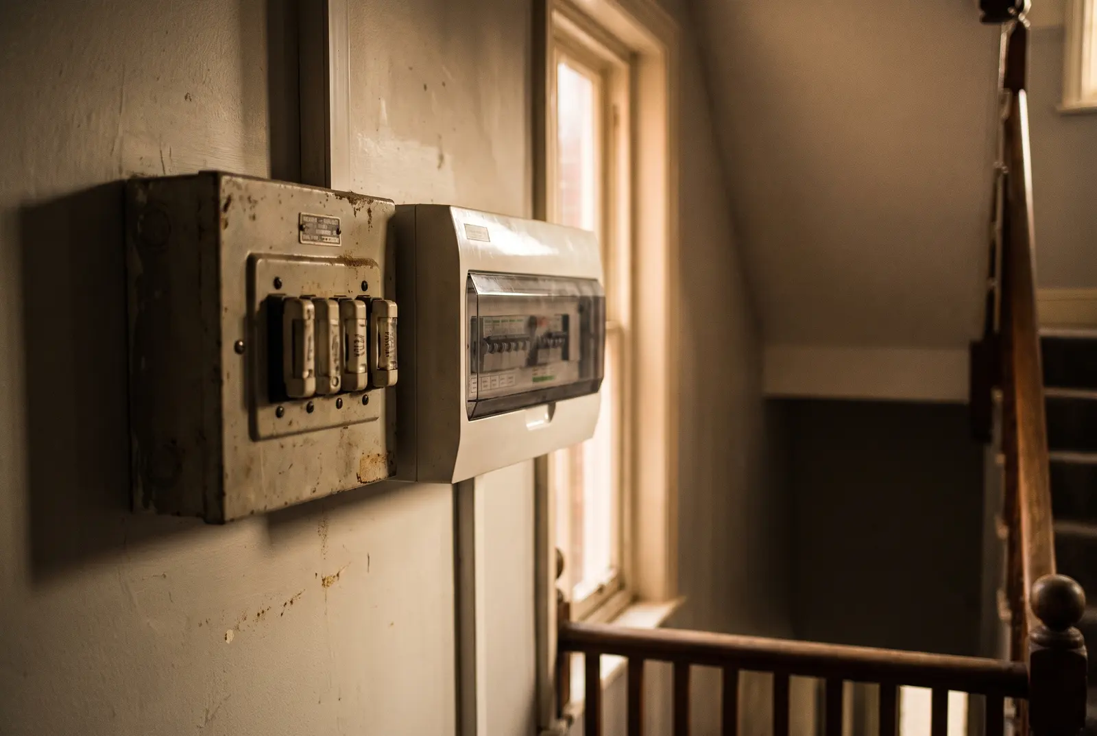 Two consumer units of different ages side by side on a landing