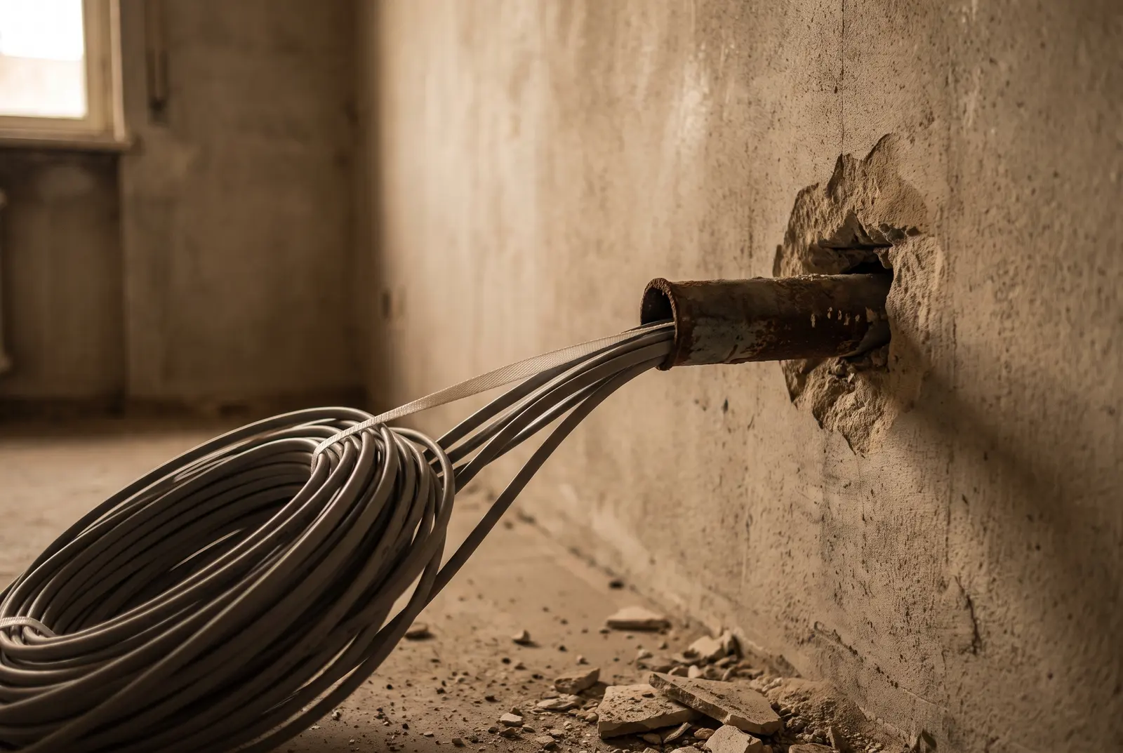 New cable coiled at a sleeved entry cut through a concrete wall