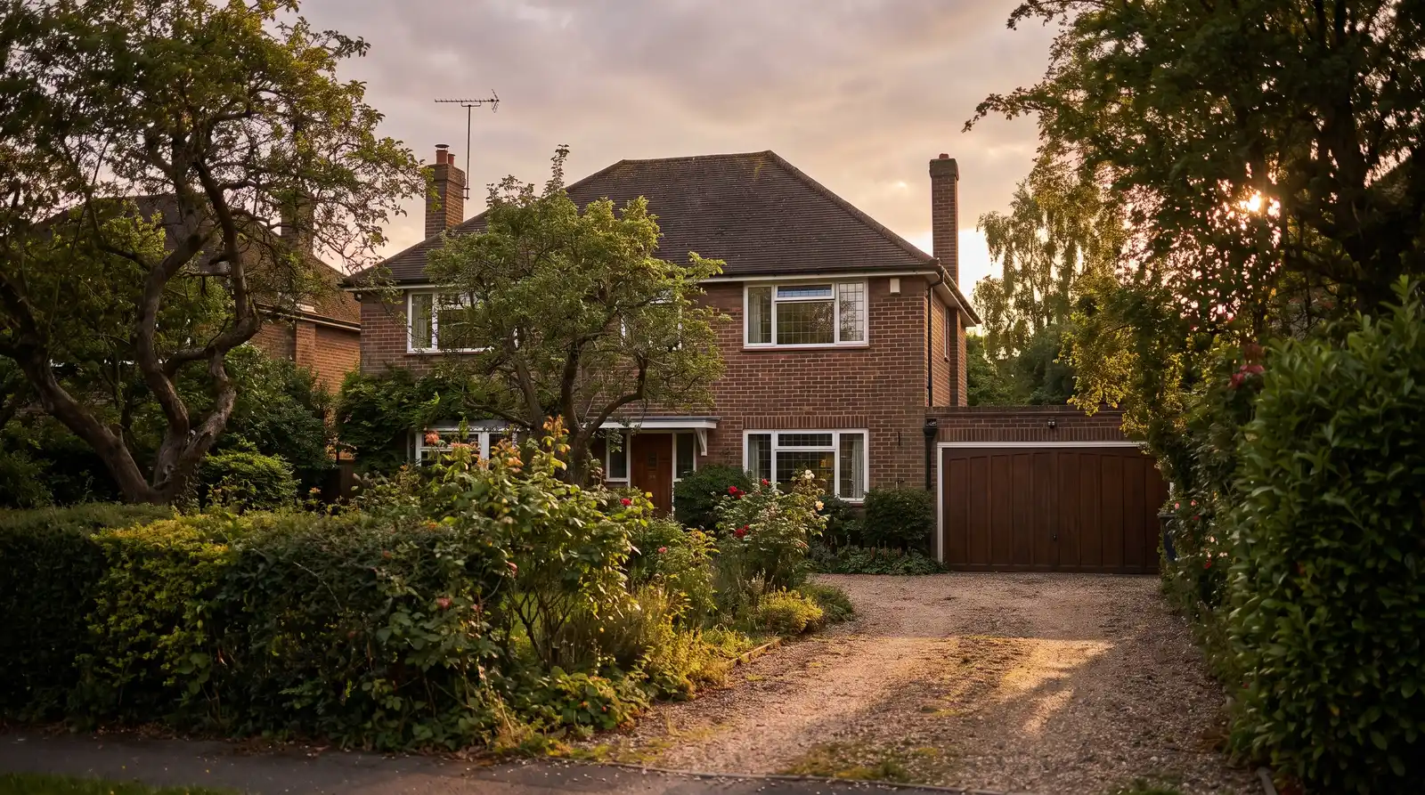 A detached suburban house with a driveway and garage