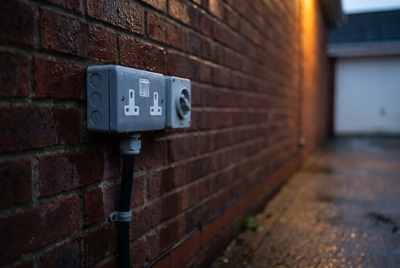 A weatherproof outdoor socket and isolator on a garage wall